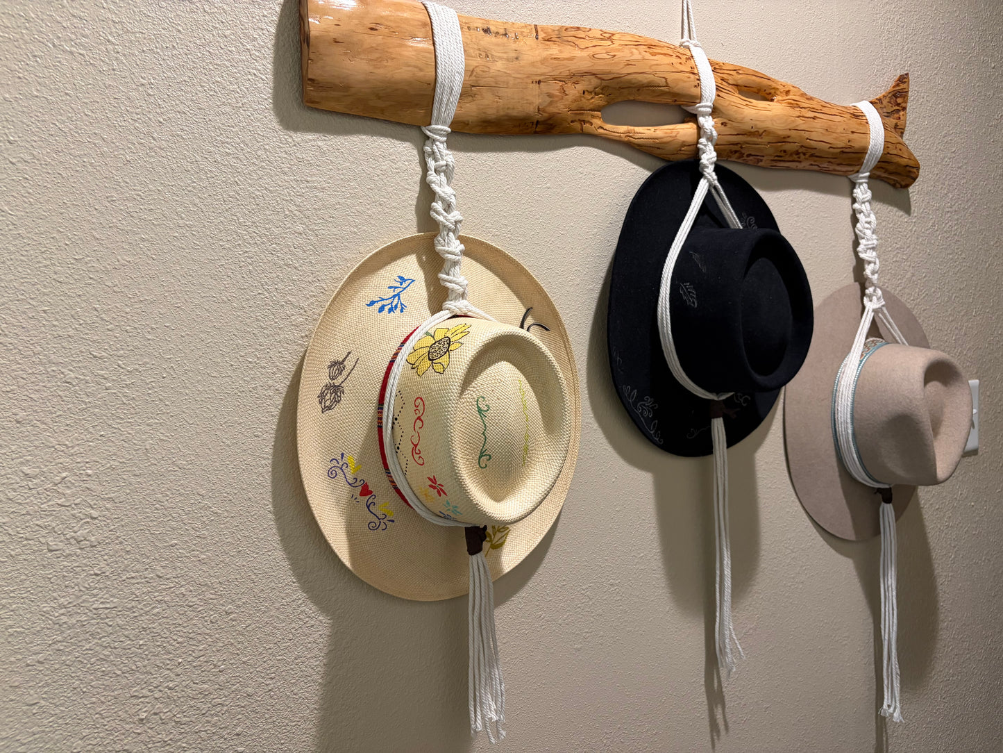 Repurposed Spotted Wood Hat Rack with Macramé hangers