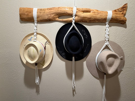 Repurposed Spotted Wood Hat Rack with Macramé hangers