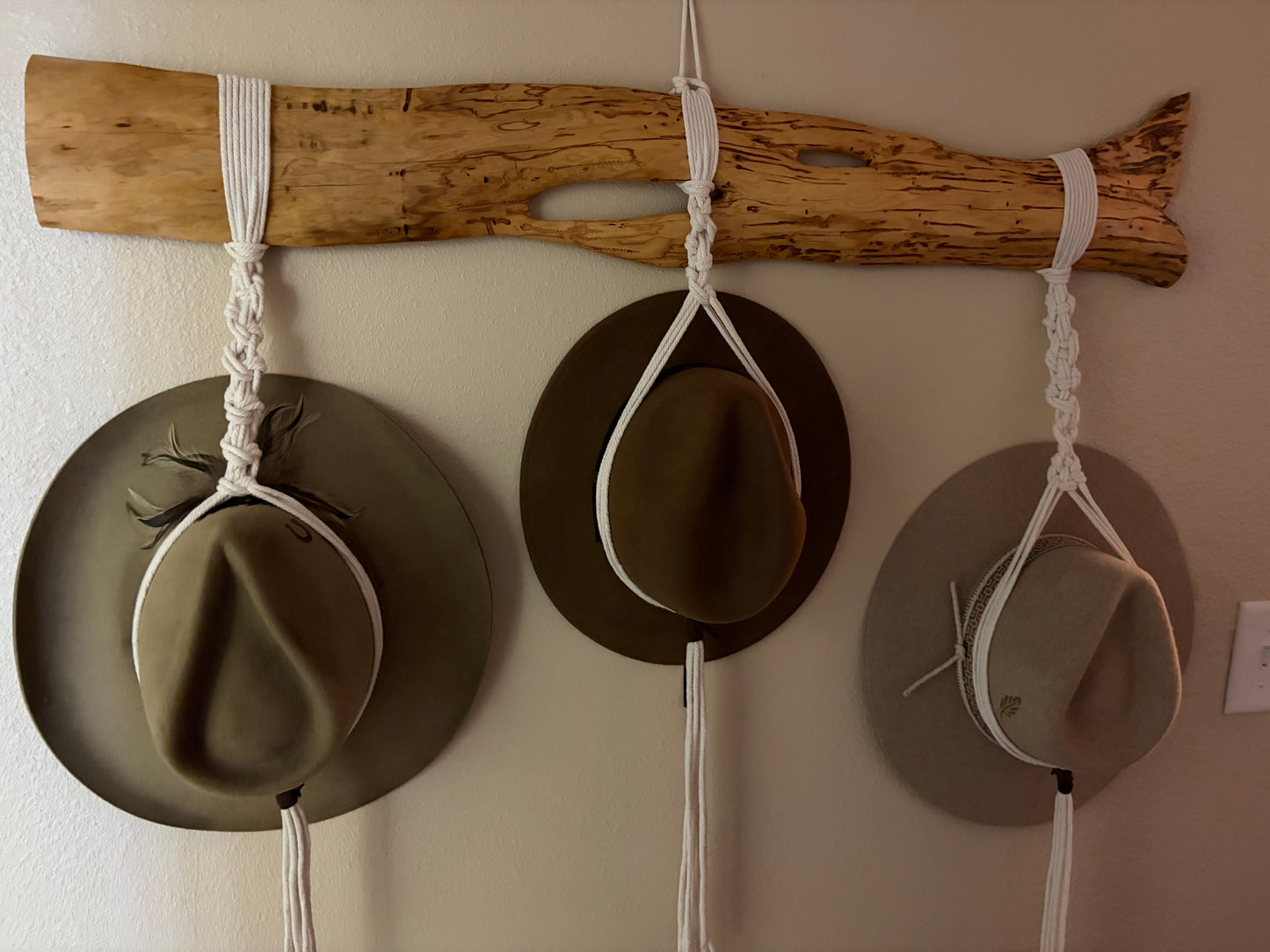Repurposed Spotted Wood Hat Rack with Macramé hangers